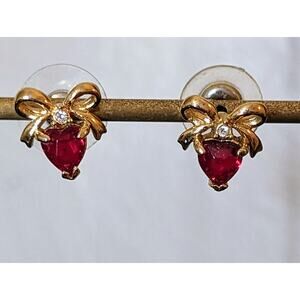Red Crystal Heart Rhinestone Bow Gold Tone Stud Earrings